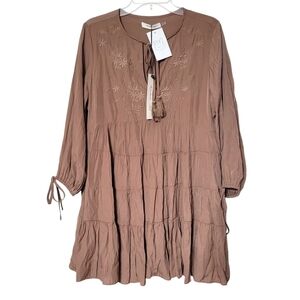 Mustard Seed Latte Light Brown Long Sleeve Tiered Embroidered Flowy Boho Dress M